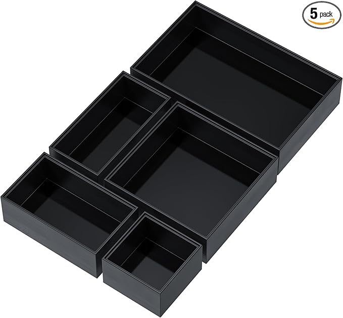 Bamboo Drawer Organizer Set, 5 PCS Multi-use Varied Sizes Junk Drawer Organizer Kitchen Storage Box for Office, Home, Bedroom, Bathroom, Black