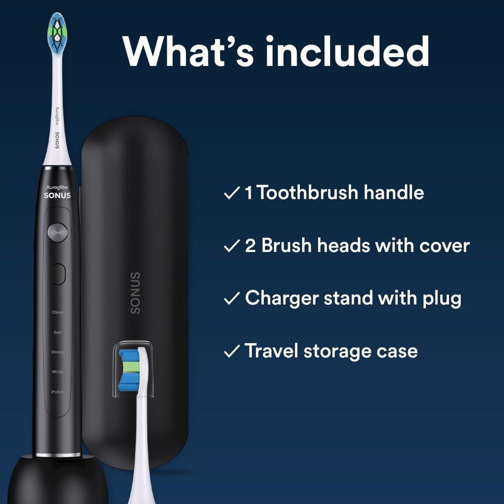 AURAGLOW Sonus Electric Toothbrush, 5 Cleaning Modes, 2 Brush Heads & Travel Case, 40,000 VPM Sonic Toothbrush & Wireless Charging, 30-Day Battery Life with Smart Timer, Black
