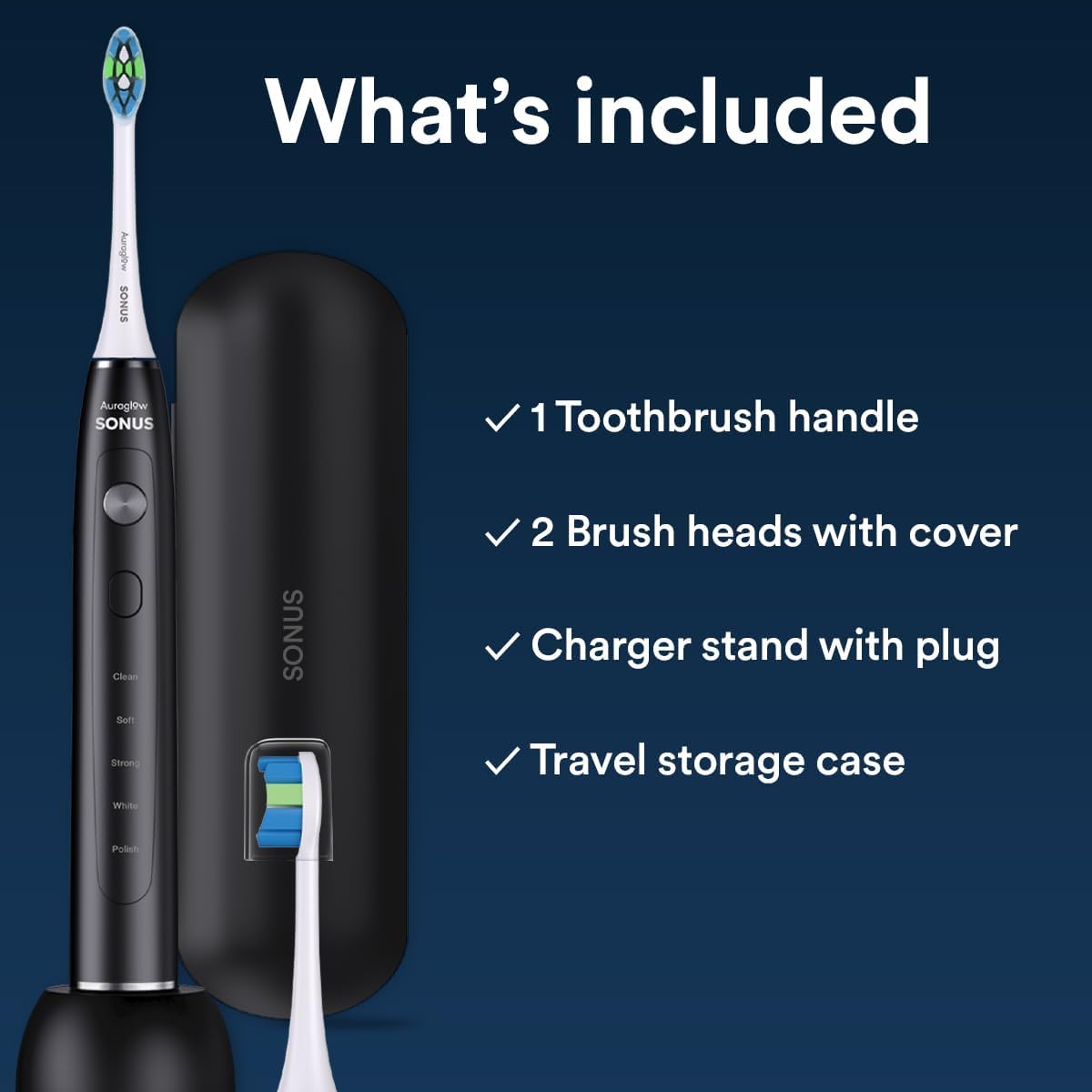 AURAGLOW Sonus Electric Toothbrush, 5 Cleaning Modes, 2 Brush Heads & Travel Case, 40,000 VPM Sonic Toothbrush & Wireless Charging, 30-Day Battery Life with Smart Timer, Black