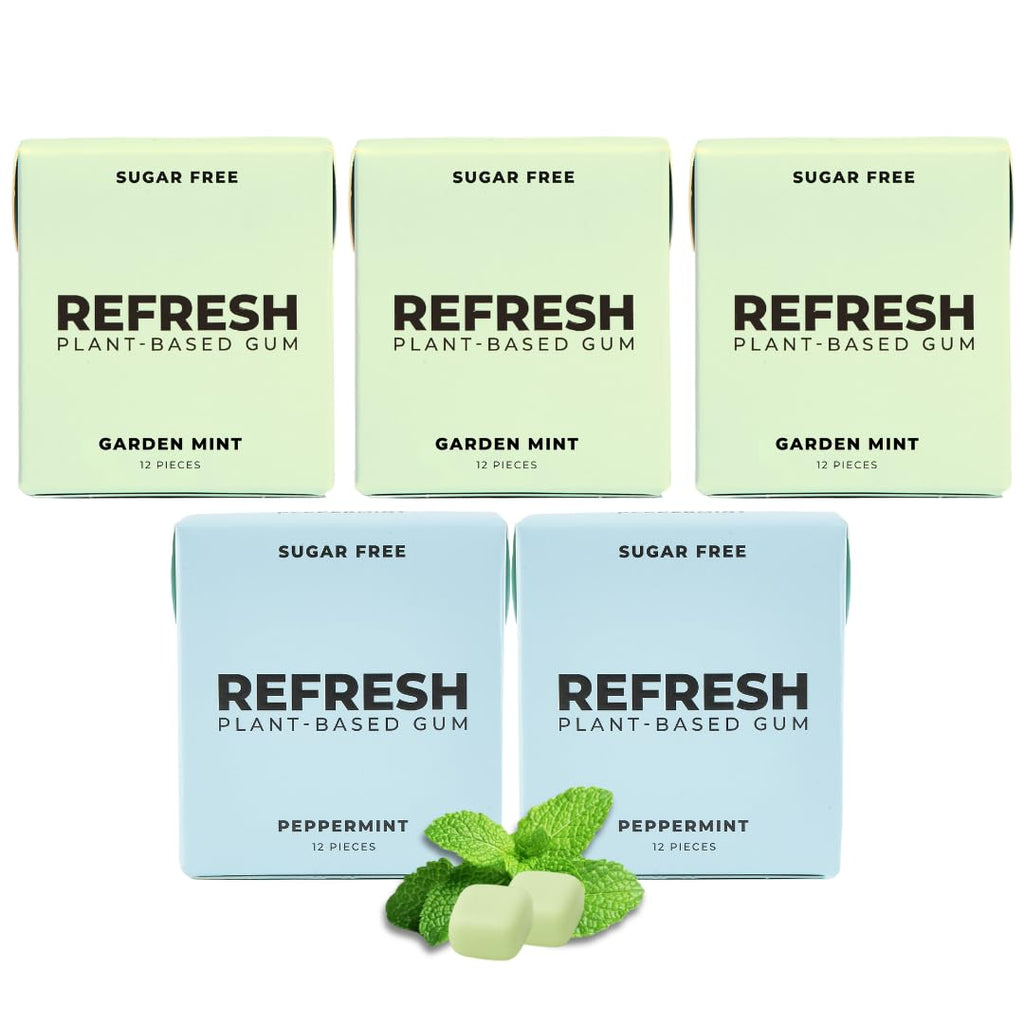 Refresh Gum, Xylitol, Natural, Sugar Free, Chewing Gum, Plastic Free, Natural Flavors & Organic Ingredients, Non GMO, Gluten Free, Vegan, 12 Count (Pack of 5), Mint Variety Pack