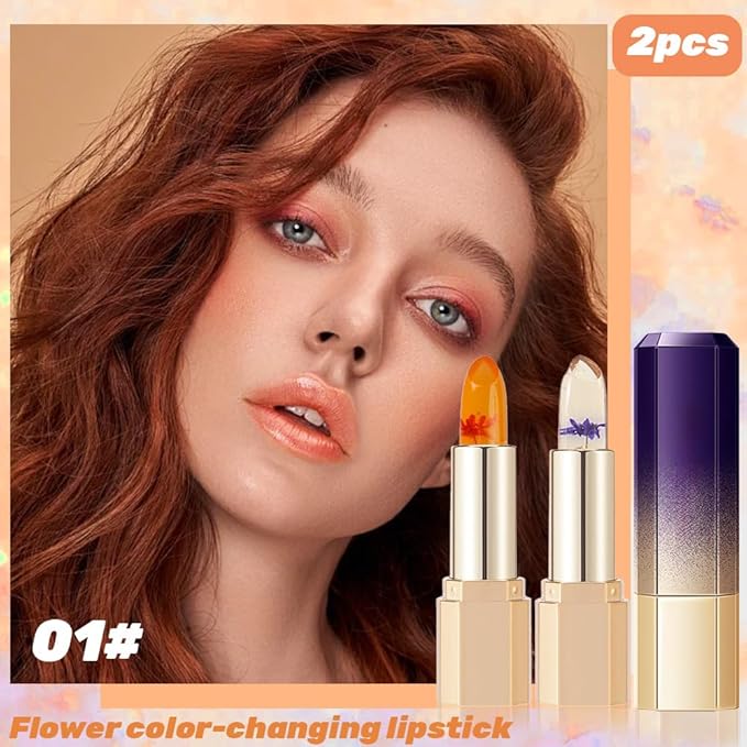 BINGBRUSH 2Pcs PH Color Changing Lipstick – Jelly Flower Lip Balm, Temperature-Activated Moisturizing Lip Tint, Long-Lasting Crystal Clear Lipstick for Women, Natural Glow & Hydration(#01+#02)
