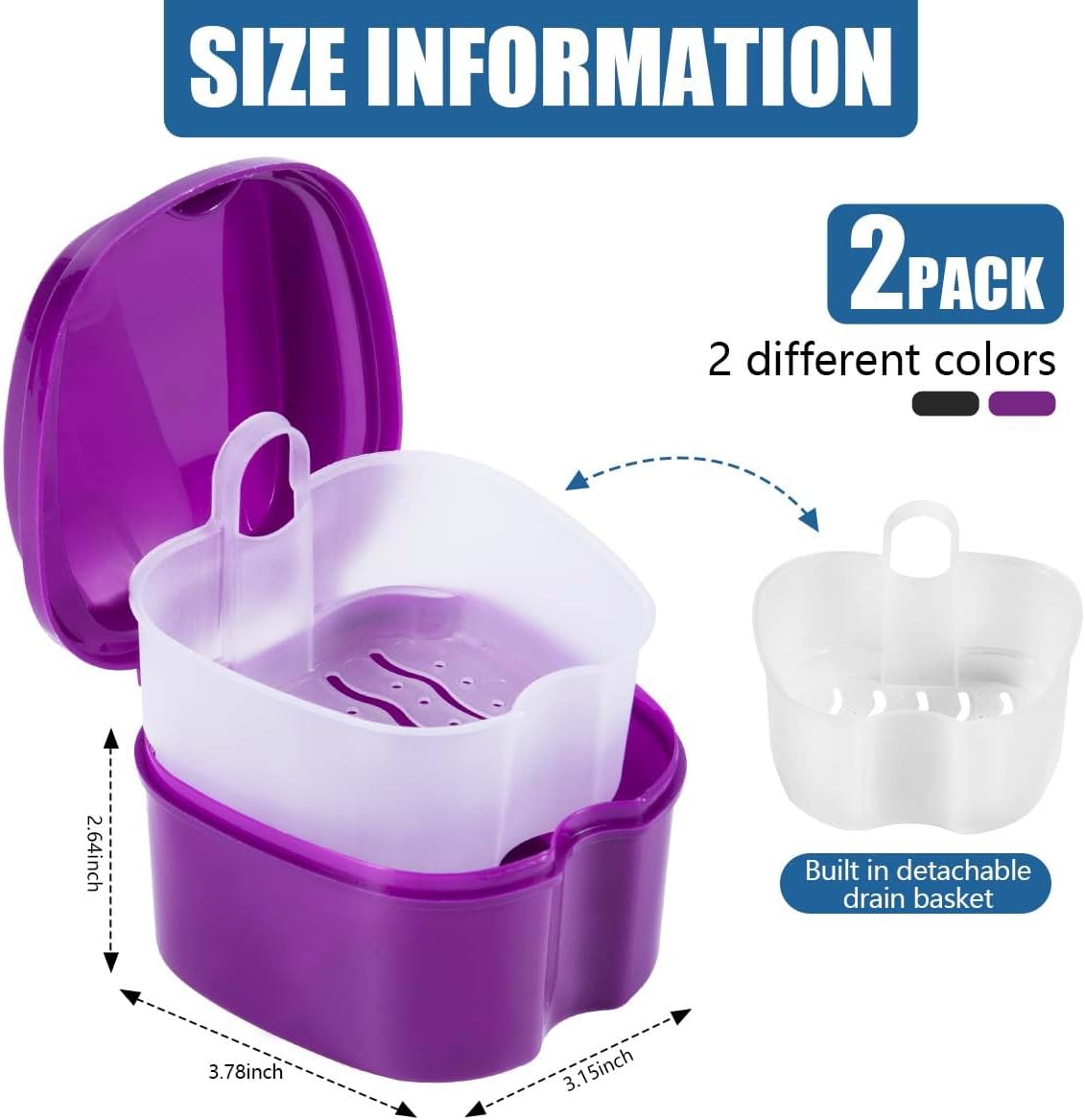 2 Pack Colors Denture Bath Case Cup Box Holder Storage Soak Container with Strainer Basket for Travel Cleaning (Purple and Black)