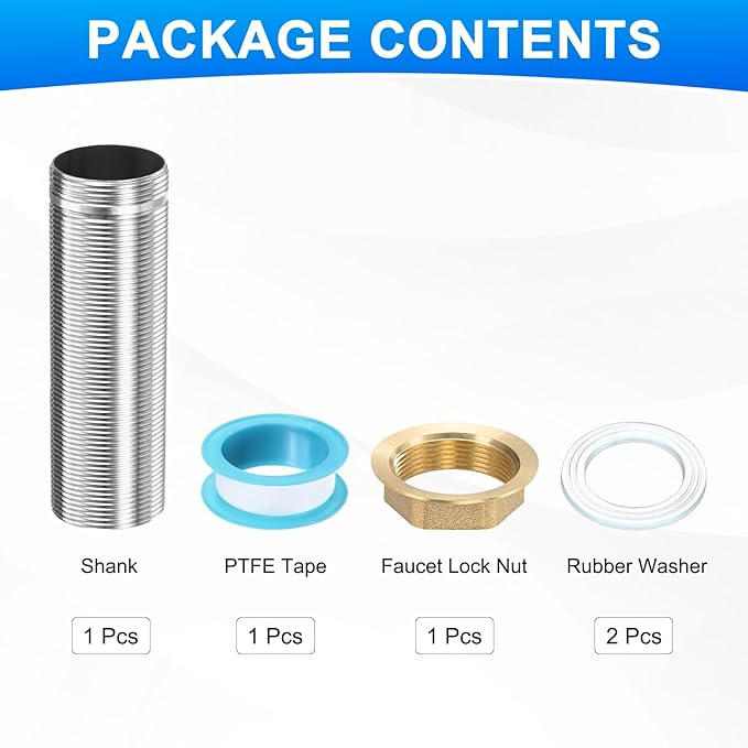 uxcell Faucet Mount Extension Shank 4"x 1.25" Stainless Steel Pipe Faucet Extension Nipple Locknut Kit Extension Threaded Lengthen Fixed High Foot with Raised Nut and Gasket Fittings
