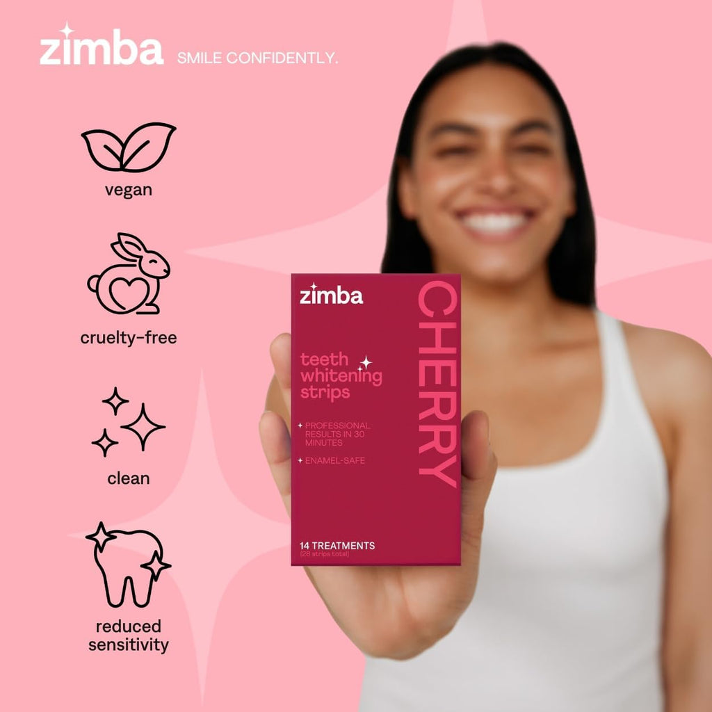 New Zimba Cherry Flavored Teeth Whitening Strips | Vegan, Enamel Safe Hydrogen Peroxide Teeth Whitener for Coffee, Wine, Tobacco, and Other Stains | 14 Day Treatment | Cherry