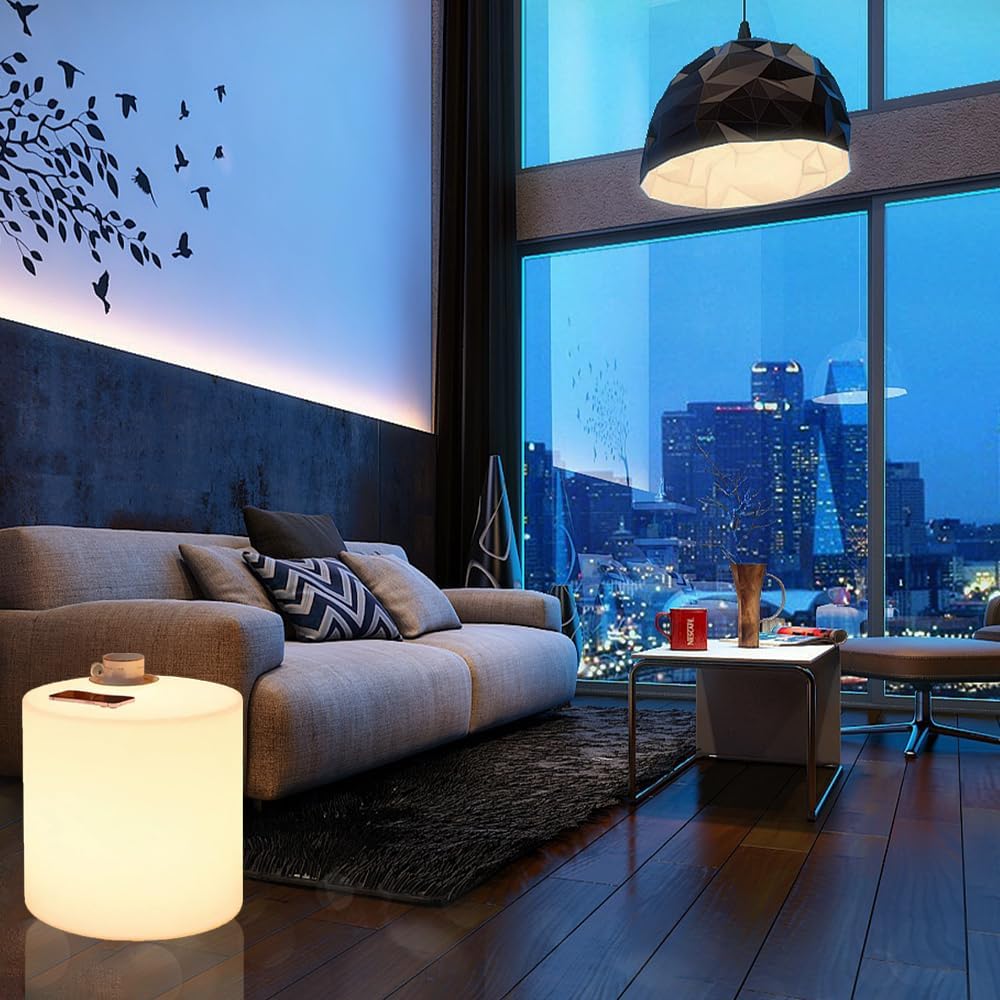 16-inch LED Cylinder Stool, Rechargeable Glowing Chair w/Remote, Dimmable 16 RGB Colors Changing Versatile LED Side Seat/Table, Waterproof Round Chair Light Mood Lamp for Home Garden Patio Party Decor