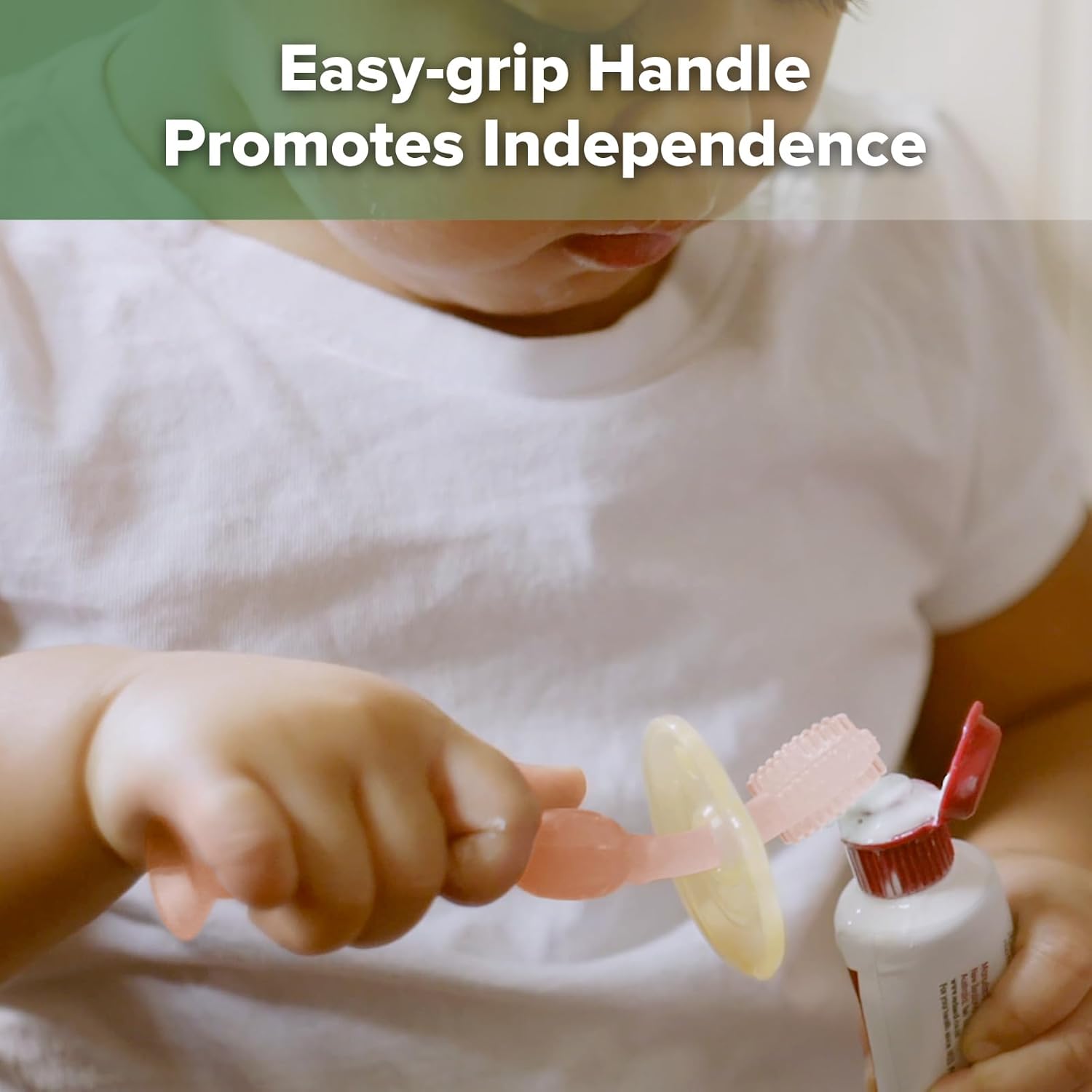 haakaa 360° Baby Toothbrush with Suction Base - Gentle Cleaning for Toddler's Self-Brushing Training, Food-Grade Silicone, Adjustable Safety Shield - Pink (1 Piece)