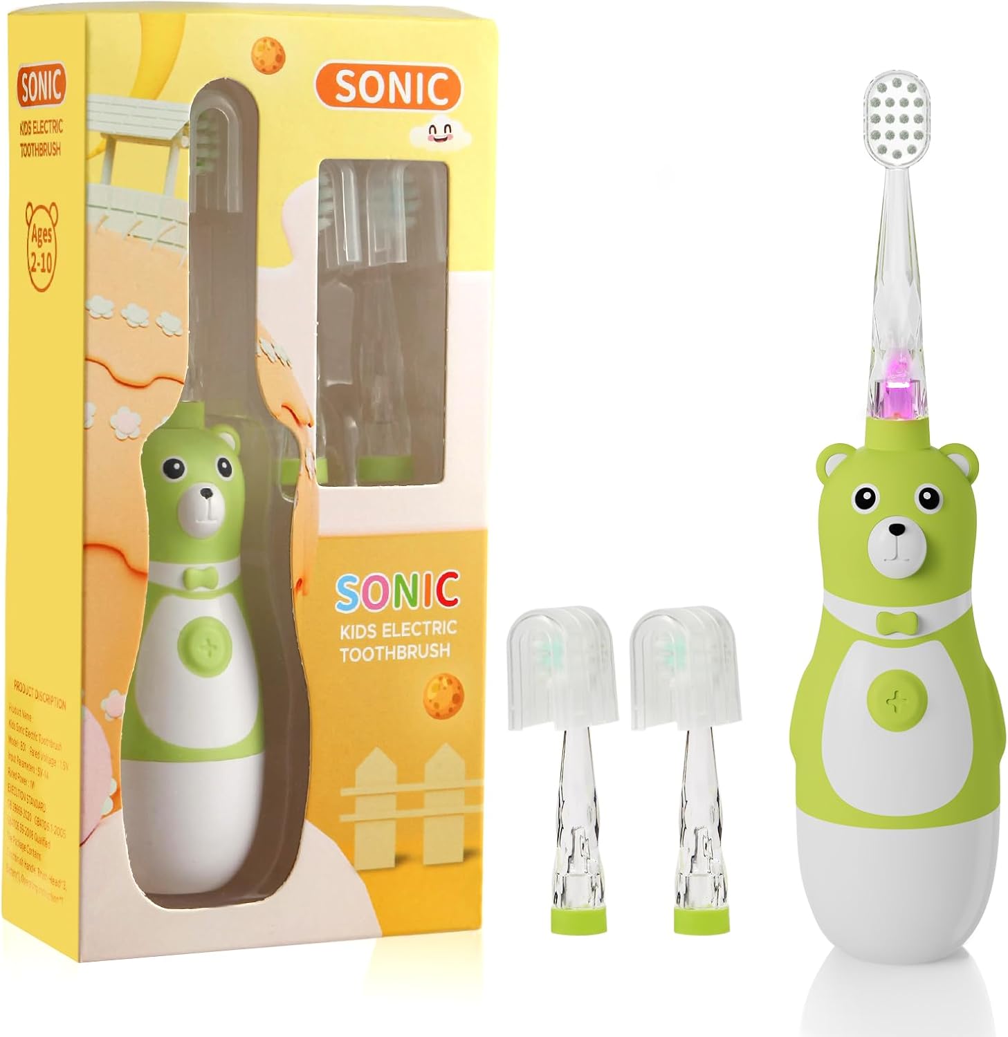 Kids Electric Toothbrush Sonic Battery-Powered for Toddler Ages 2-10, 2-Min Smart Timer LED Light with 3 Color Cleaning Modes, Green FunBear Boys Girls 2 Replacement Heads