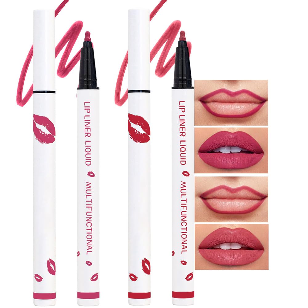 Kaely 2Pcs Rose Pink Longwear Liquid Lip Liner Waterproof, 24 Hour Long Lasting Lip Liner Stain Marker Pen, 2-in-1 Matte Semi Permanent Lipliner & Lipstick, Vegan & Cruelty-Free, 02+04