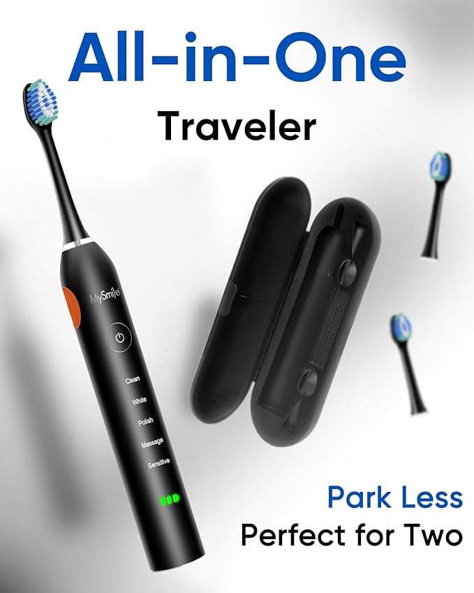MySmile UC605 Electric Toothbrush for Adults, Rechargeable Sonic Electronic Toothbrush with 6 Brush Heads and Travel Case, 2 Mins 5 Modes Smart Timer, 48000VPM (Black)