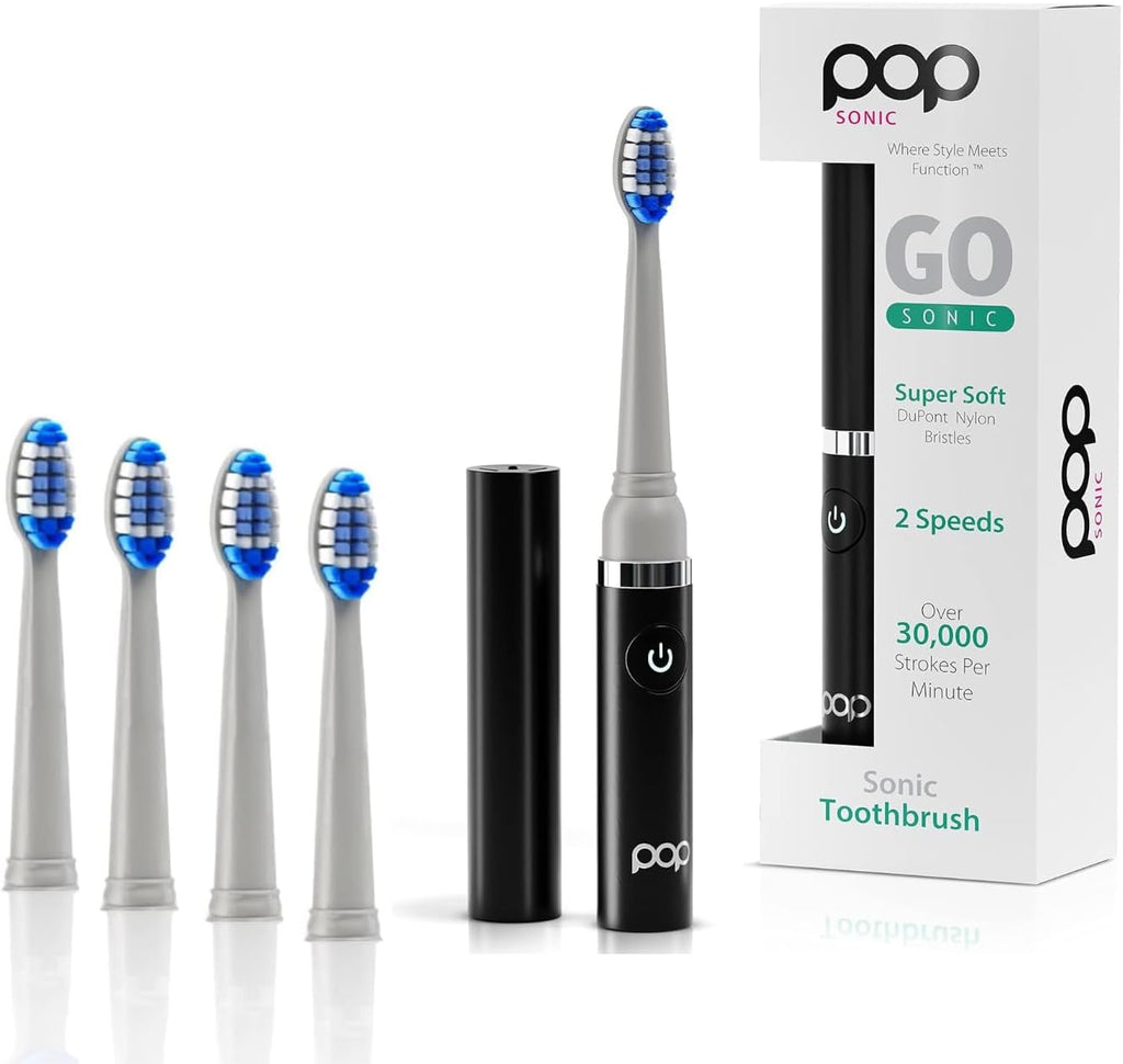 Pop Sonic Electric Toothbrush (Black + 4 Brush Heads) - Travel Toothbrushes w/AAA Battery | Kids Electric Toothbrushes with 2 Speed & 15,000-30,000 Strokes/Minute, Dupont Nylon Bristles