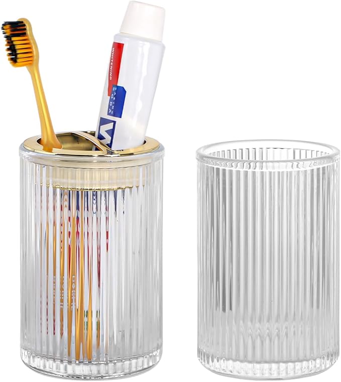 Toothbrush Holders for Bathrooms, 2pcs Glass Toothbrush Holder, 12oz Bathroom Tumbler and Mouthwash Cup, Tooth Brush and Toothpaste Organizer for Bathroom Vanity Countertop (Clear Gold)