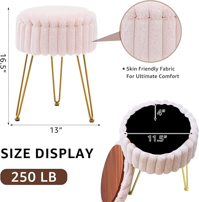 Wimarsbon Vanity Stool with Storage, Faux Fur Ottoman Chair with Metal Legs, Round Makeup Vanity Chair for Bedroom or Dressing Table, Modern Small Ottoman Seat (Champagne-1)