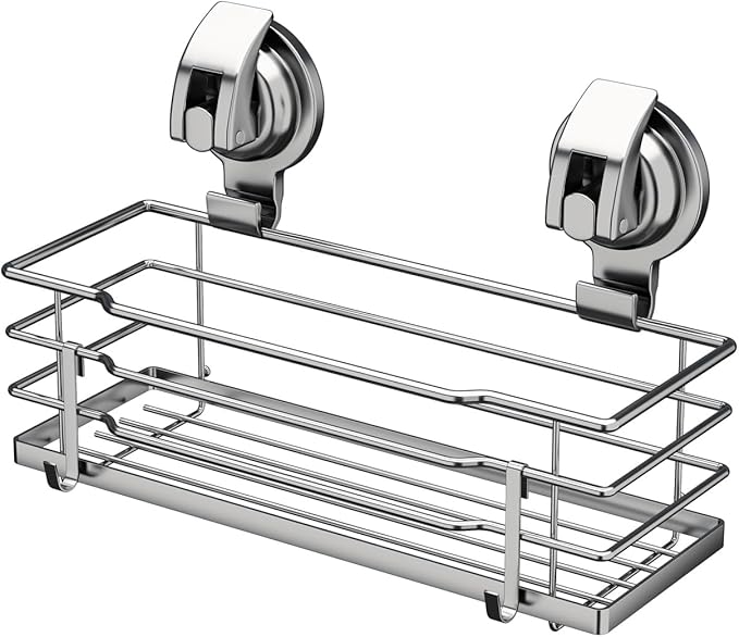 Shower Caddy, Suction Cup Shower Shelf with Hooks, Shower Organizer Rust Proof SUS304 Stainless Steel, Silver