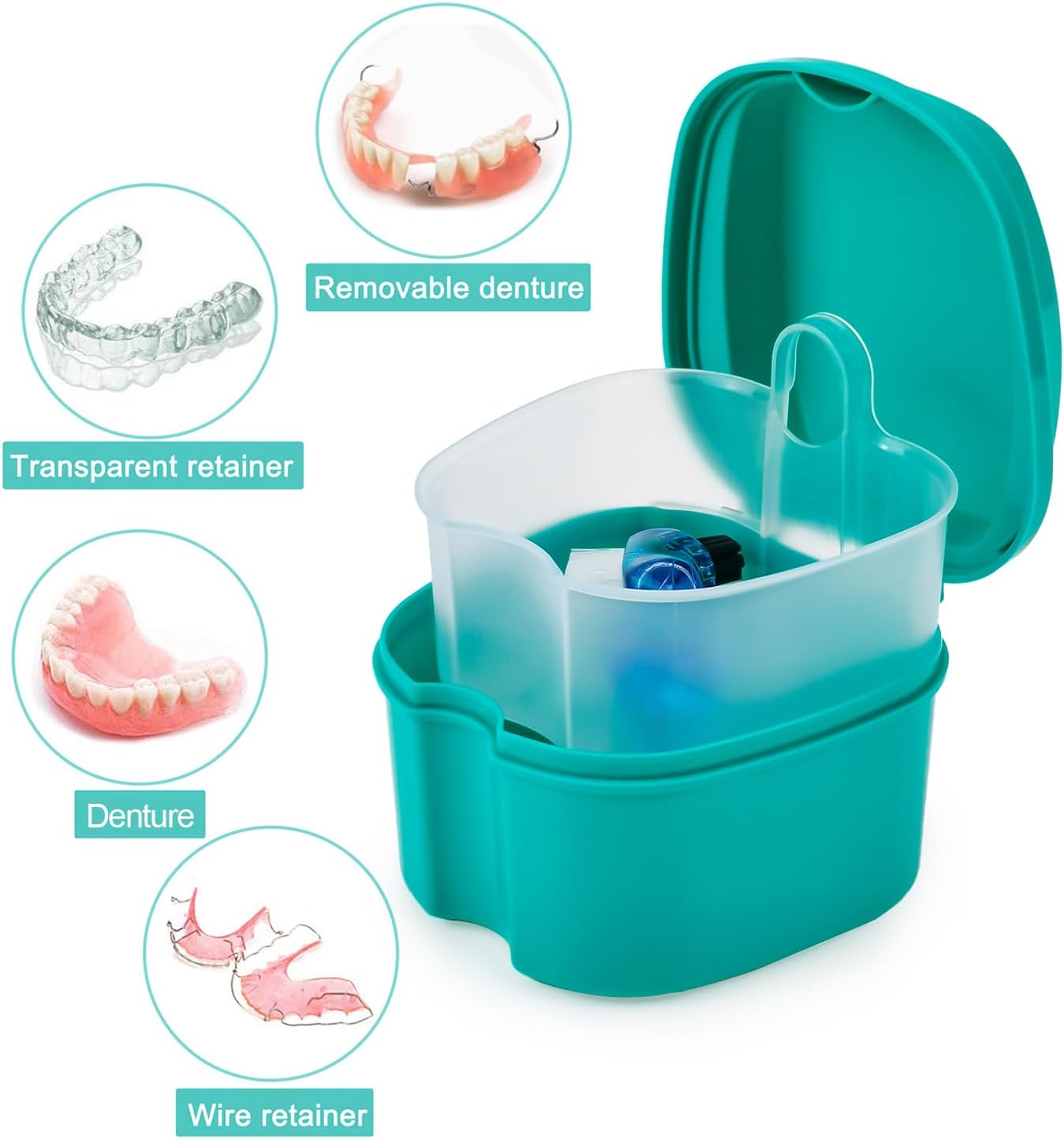 2 Pack Color Retainer Cleaner Case Denture Cups for Soaking Dentures, False Teeth Container Partial Denture Cleaning Case with Lid Travel - Lake Green and Dark Blue