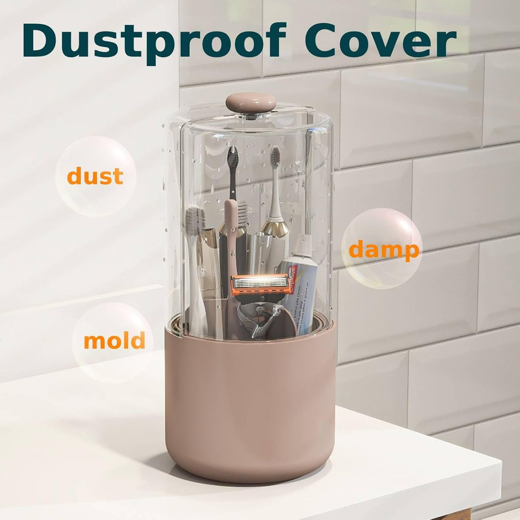 Toothbrush Holder with Cover 360 Rotating 4 Compartments Bathroom Toothpaste Electric Toothbrush Organizer, Pink