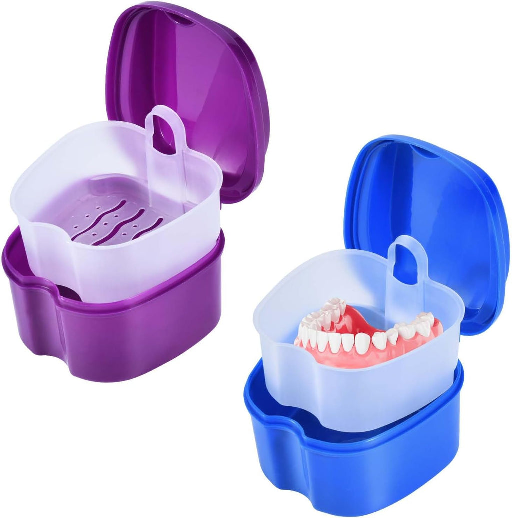 2 Pack Colors Denture Bath Case Cup Box Holder Storage Soak Container with Strainer Basket for Travel Cleaning (Blue and Purple)