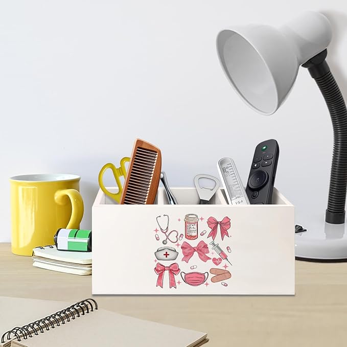 Nurse Gifts Wooden Pen Pencil Holder for Desk Accessories, Nurses Week Gifts for Women, Coquette Pink Bow Nursing Wood Makeup Brush Toothbrush Holder Organizer for Vanity Bathroom