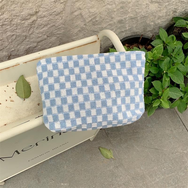 PAZIMIIK Knit Checkered Makeup Bag Large Zipper Make Up Accessory Pouch for Purse Cosmetic Brush Bag for Travel Essential,Blue