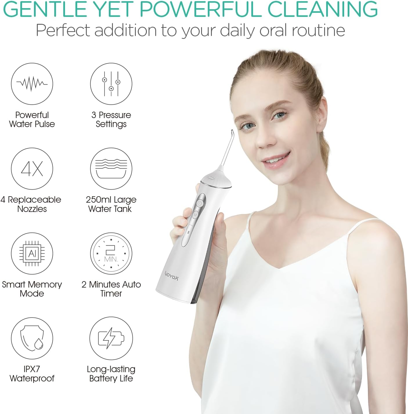 VOYOR-HEALTH Water Dental Flosser for Teeth Cordless, Rechargeable Electric Flosser for Teeth Cleaning and Flossing, Portable Oral Irrigator 3 Modes & IPX7 Waterproof for Travel Home WF400 (Grey)