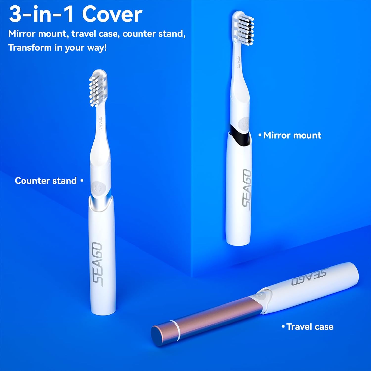 SEAGO Electric Toothbrush for Adults - 3 in 1 Holder with 8 pcs Replaceable Brush Battery Operated Travel Toothbrush kit Portable and 2 Minute Timer (Rose Gold, Middle)