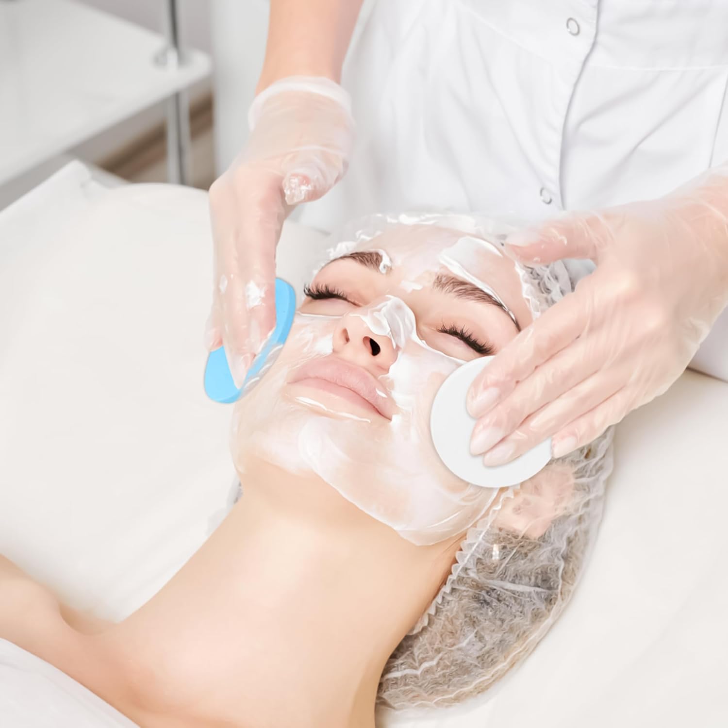 120 Pcs Facial Sponge Compressed, Luxiv Face Cleansing Sponge Estheticians Compressed Makeup Facial Sponge Round Wash Face Sponges for Women Compress Exfoliating Removal Sponge (White+blue)