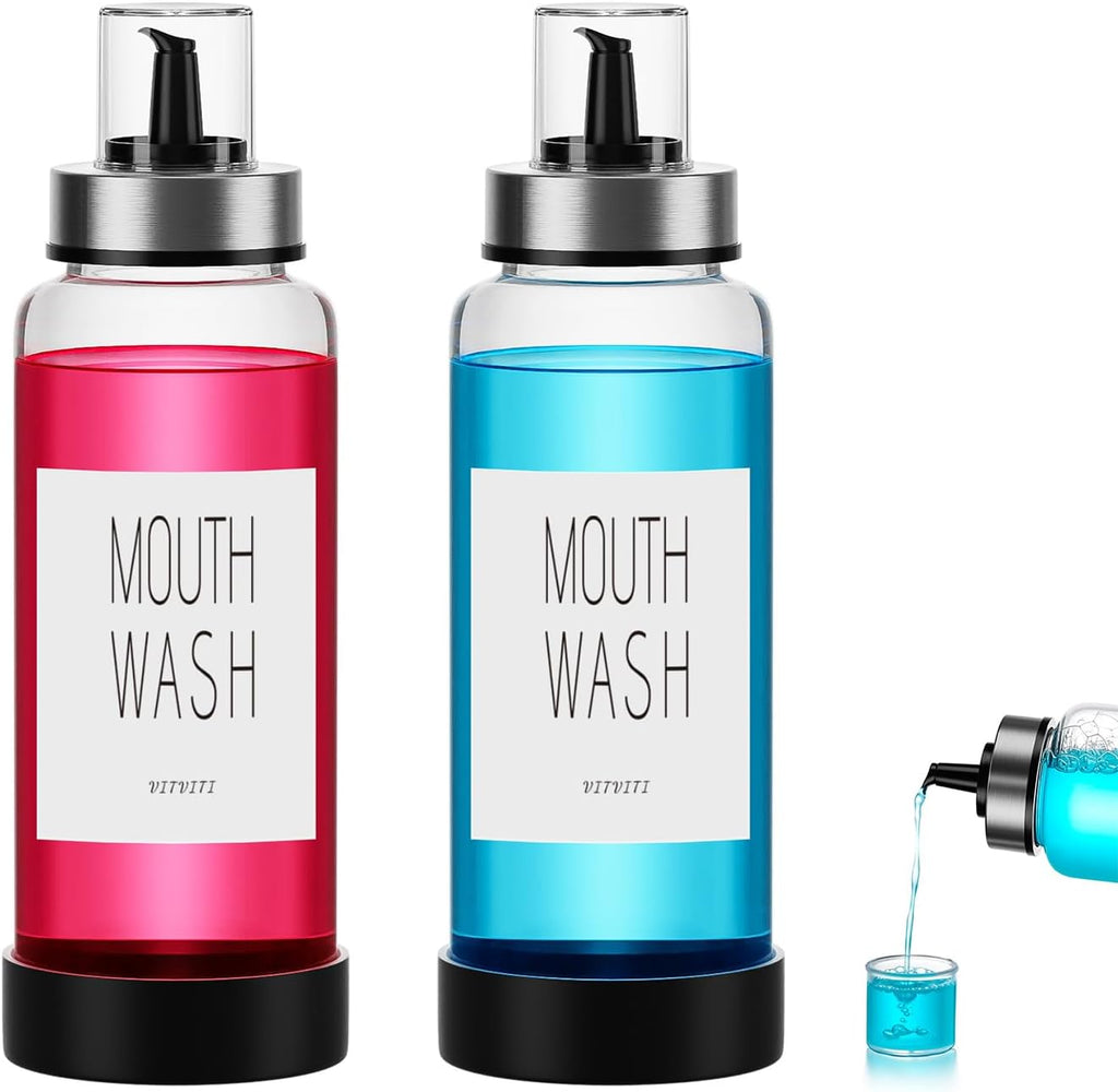 VITVITI 10OZ Mouthwash Dispenser for Bathroom, Glass Mouth Wash Container with Cup Lid, Clear Refillable Mouthwash Bottle Decanter with Silicone Pad/Labels, Set of 2