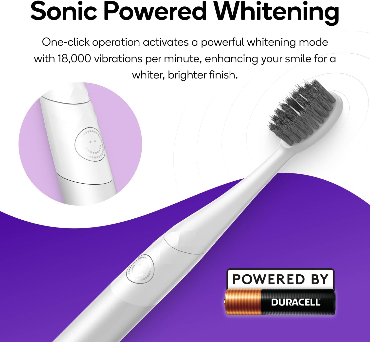Burst Nova Toothbrush (White) | Sonic Powered Teeth Whitening | Super-Soft Bristles | 18000 VPM | 2 Minute Timer | Aluminum Handle | Replaceable Brush Head | Compact Size | with AAA Battery