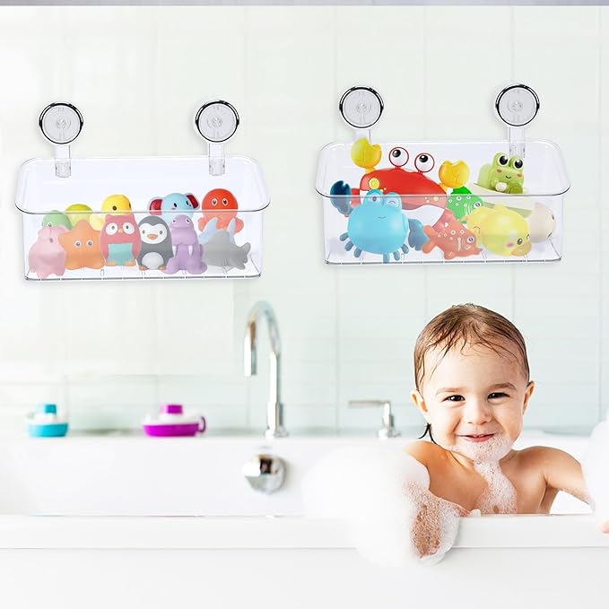 2 Pack Bath Toy Storage Organizer,Kids Bathtub Toy Holder with Drain Holes,clear Powerful Suction Shower Caddy for Bathtub,No Drilling Shower Caddy Suction Cup for Bathroom,Kitchen