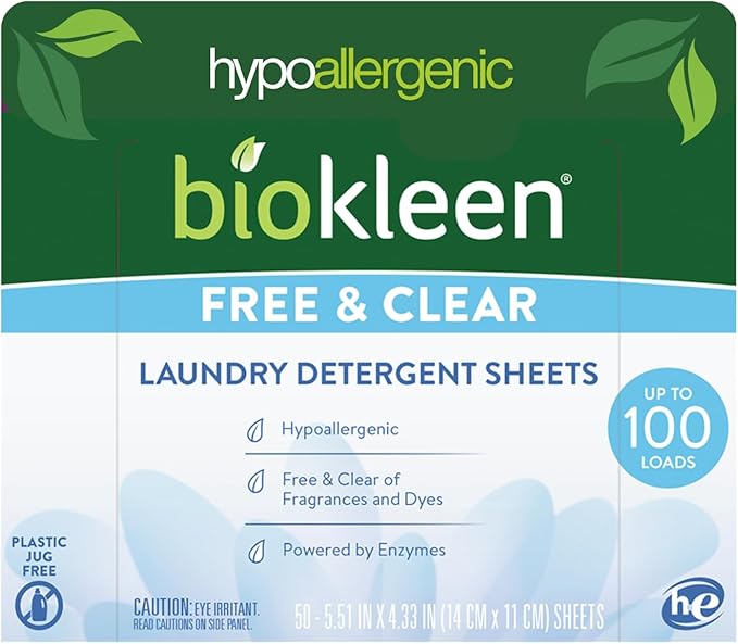 Biokleen Laundry Detergent Sheets - Dye & Fragrance Free, Hypoallergenic, Enzymatic Cleaner, Stain Remover, Bio Active Formula, No Plastic Jug, Unscented, 100 Loads