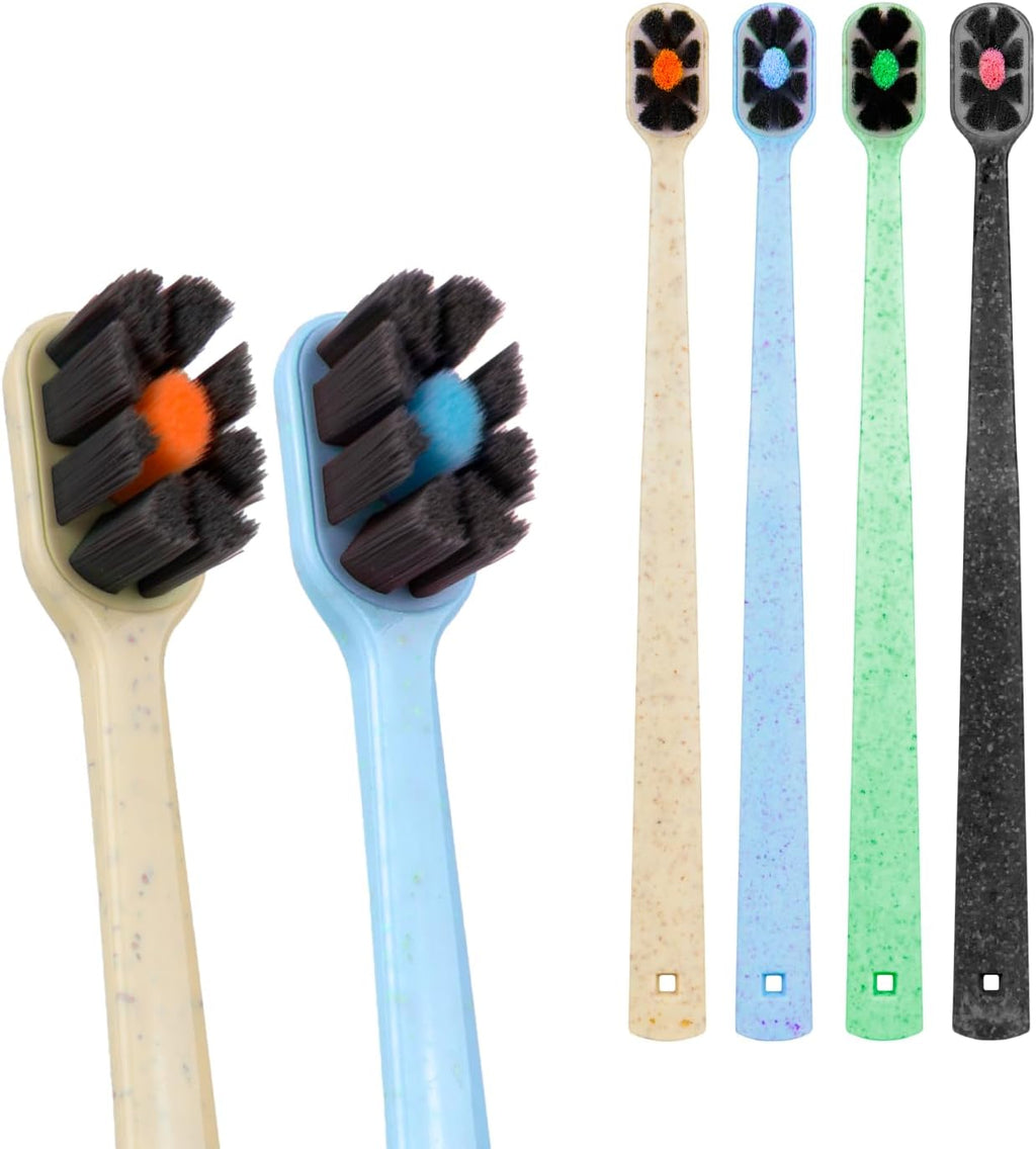 Lindo EcoCare Polishing Toothbrush - Charcoal Infused Bristles & Biodegradable Handle, for Sensitive Gums and Teeth, 12000+ Ultra Fine Charcoal Infused Bristles, Soft and Gentle, Pack of 4 (Blue)