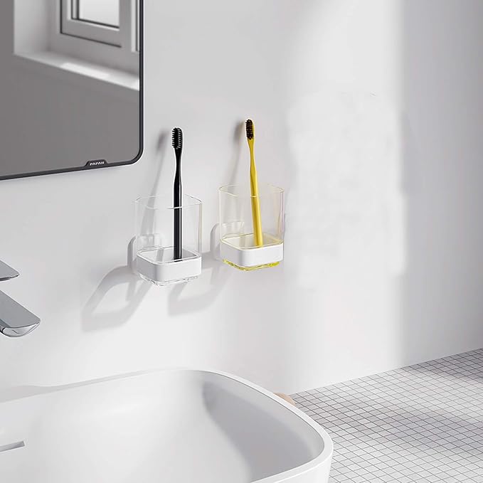 Wall-Mounted Tumbler and Toothbrush Holder, Wall Mounted Adhesive Hanging Electric Toothbrush Organizer Stand for Bathroom with Rinsing Cup, No Drilling Required (White, 3.93"X3.93"X2.97")