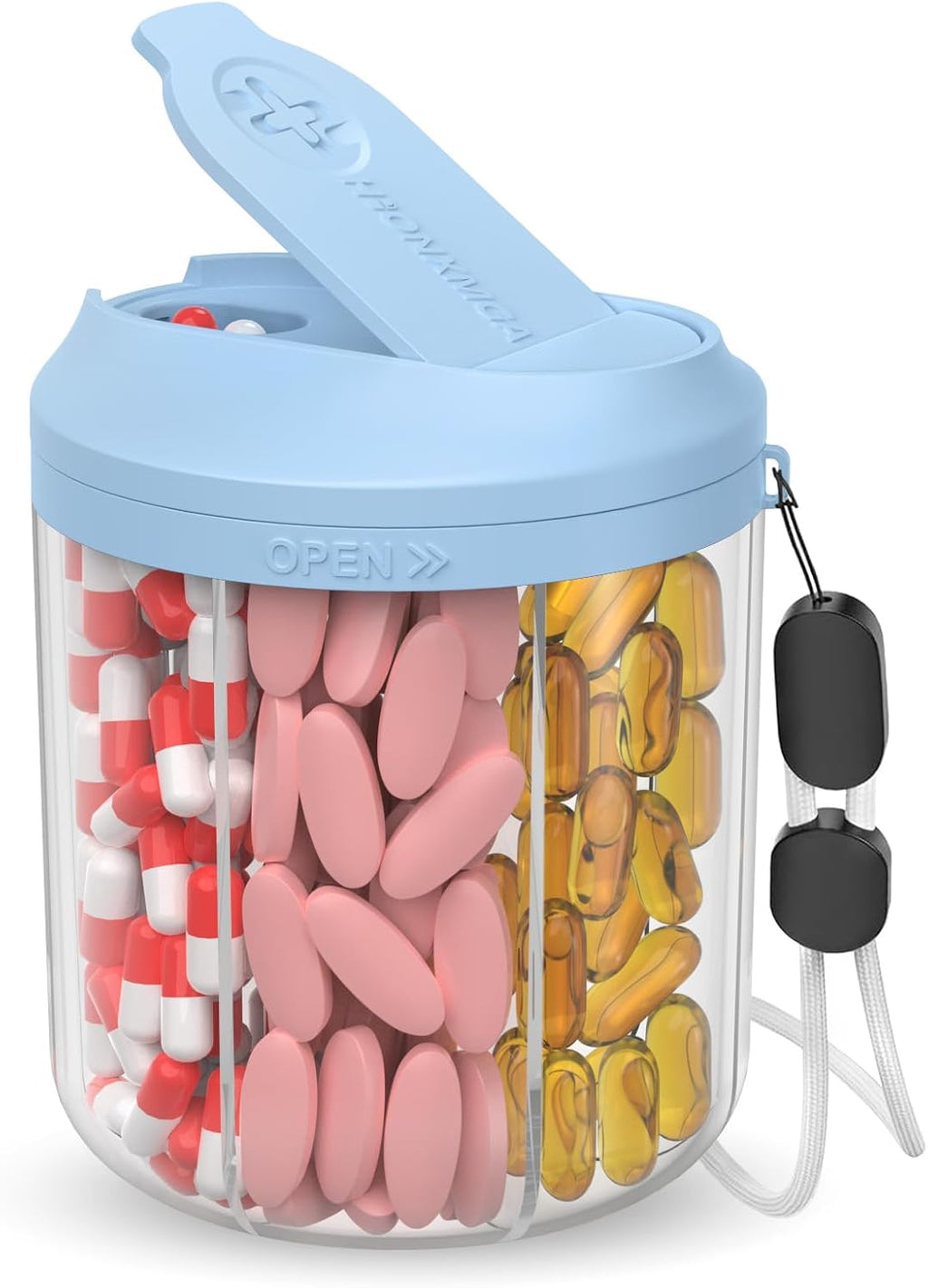 Pill Dispenser with 7 Large Compartments, 4.4" H x 3.6" Dia Pill Bottle Organizer for Travel, Supplement Organizer with Anti-Mixing Design, BPA-Free Pill Container with 20 Pcs Labels Blue
