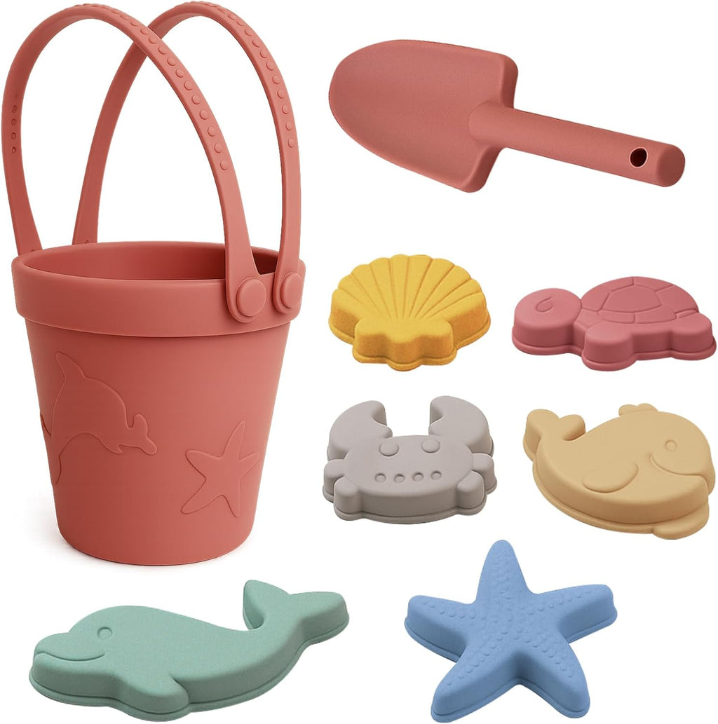 Silicone Beach Toys for Toddlers, Travel Friendly Sand Toys for Babies 6-12 Months, Collapsible Beach Bucket and Shovel Set with 6 Sand Molds for Kids, Family（Pink）