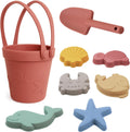 Silicone Beach Toys for Toddlers, Travel Friendly Sand Toys for Babies 6-12 Months, Collapsible Beach Bucket and Shovel Set with 6 Sand Molds for Kids, Family（Pink）