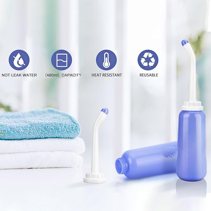 2 Pack Portable Bidet Sprayer Peri Bottle, Number-one Travel Bidet Bottle 500ml 17oz Personal Hygiene Care Toilet Bidet Shower with 2 Nozzles, Dust Cap and Storage Bag for PostPartum Care and Recovery