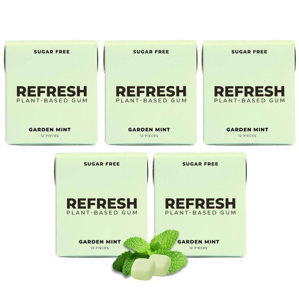 Refresh Gum, Xylitol, Natural, Sugar Free, Chewing Gum, Plastic Free, Natural Flavors & Organic Ingredients, Non GMO, Gluten Free, Vegan, 12 Count (Pack of 5), Garden Mint