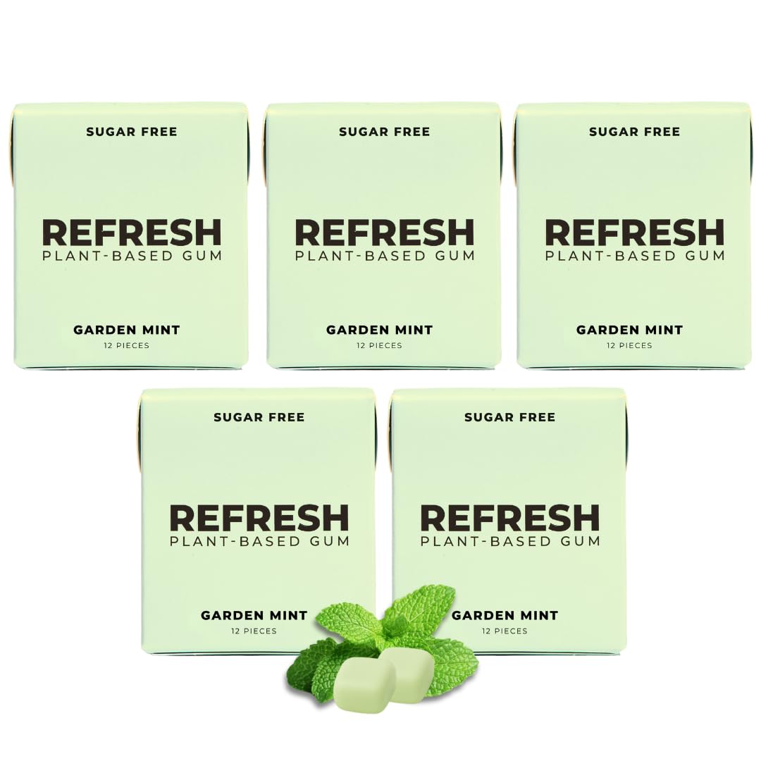 Refresh Gum, Xylitol, Natural, Sugar Free, Chewing Gum, Plastic Free, Natural Flavors & Organic Ingredients, Non GMO, Gluten Free, Vegan, 12 Count (Pack of 5), Garden Mint