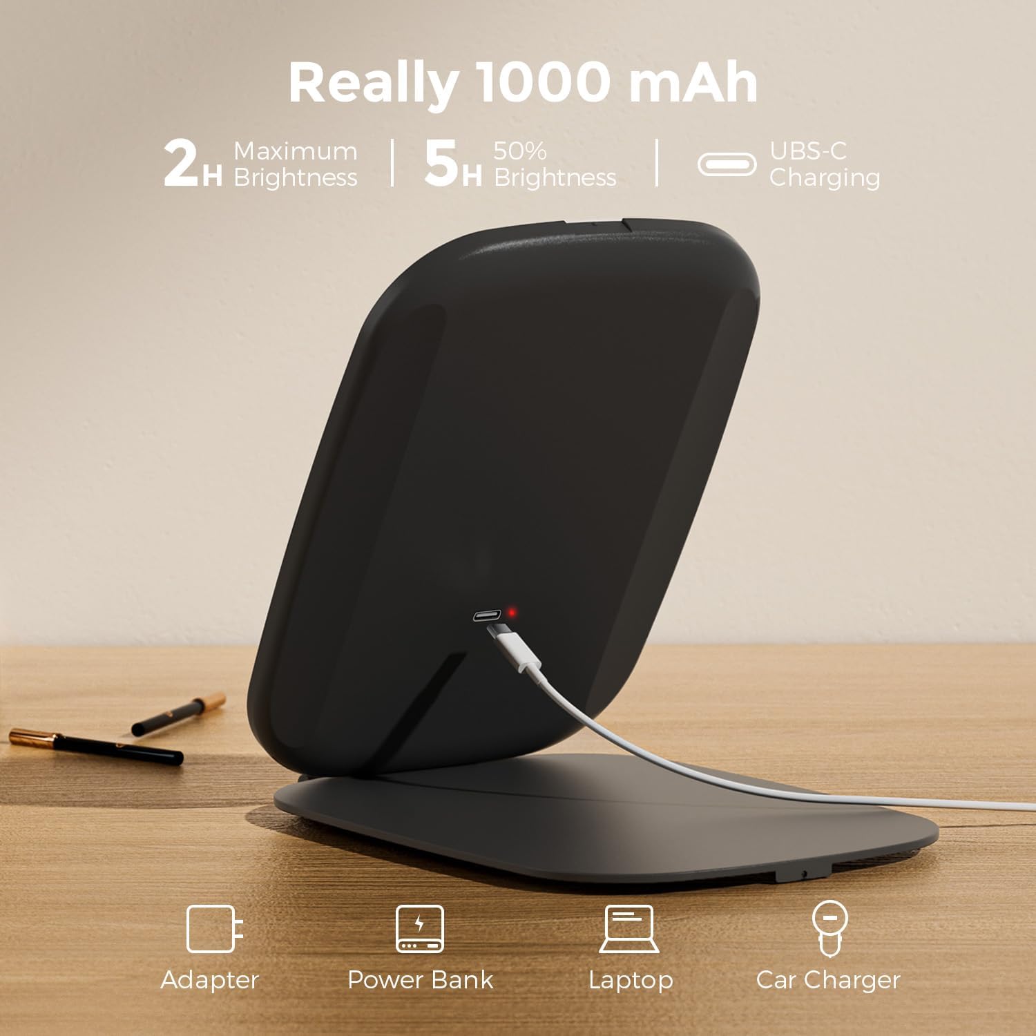 Rechargeable Travel Mirror with Light, Portable Mirror, 3 Color Light, 7.5 inch LED Folding Makeup Mirror (Black)