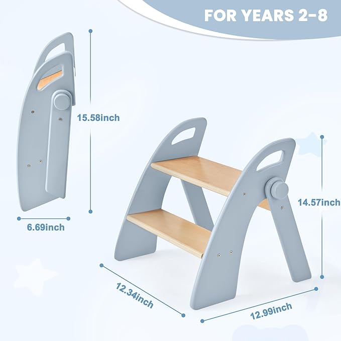 Wooden Step Stool, Two Step Stools, 300 lb. Load Capacity, with Safety Non-Slip Pads and Handles, Bamboo Step Stool for Bathroom and Kitchen, Children's Christmas Gift（Blue）