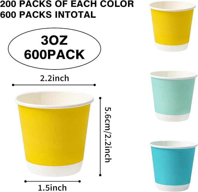 Tamone 600 Pack 3 oz Bathroom Cups, Small Paper Cups, Mouthwash Cups, Mini Paper Cups, Blue, Yellow, Green Disposable Paper Cups for Party, Picnic, BBQ, Travel, Home and Event