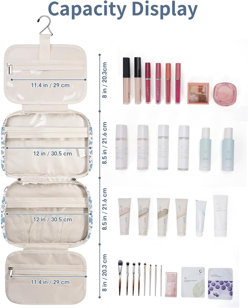 Narwey Travel Toiletry Bag for Women Large Hanging Makeup Bag Organizer Toiletries Bag for Full Size Essentials Accessories Cosmetics (Little Blue Flower (Large))