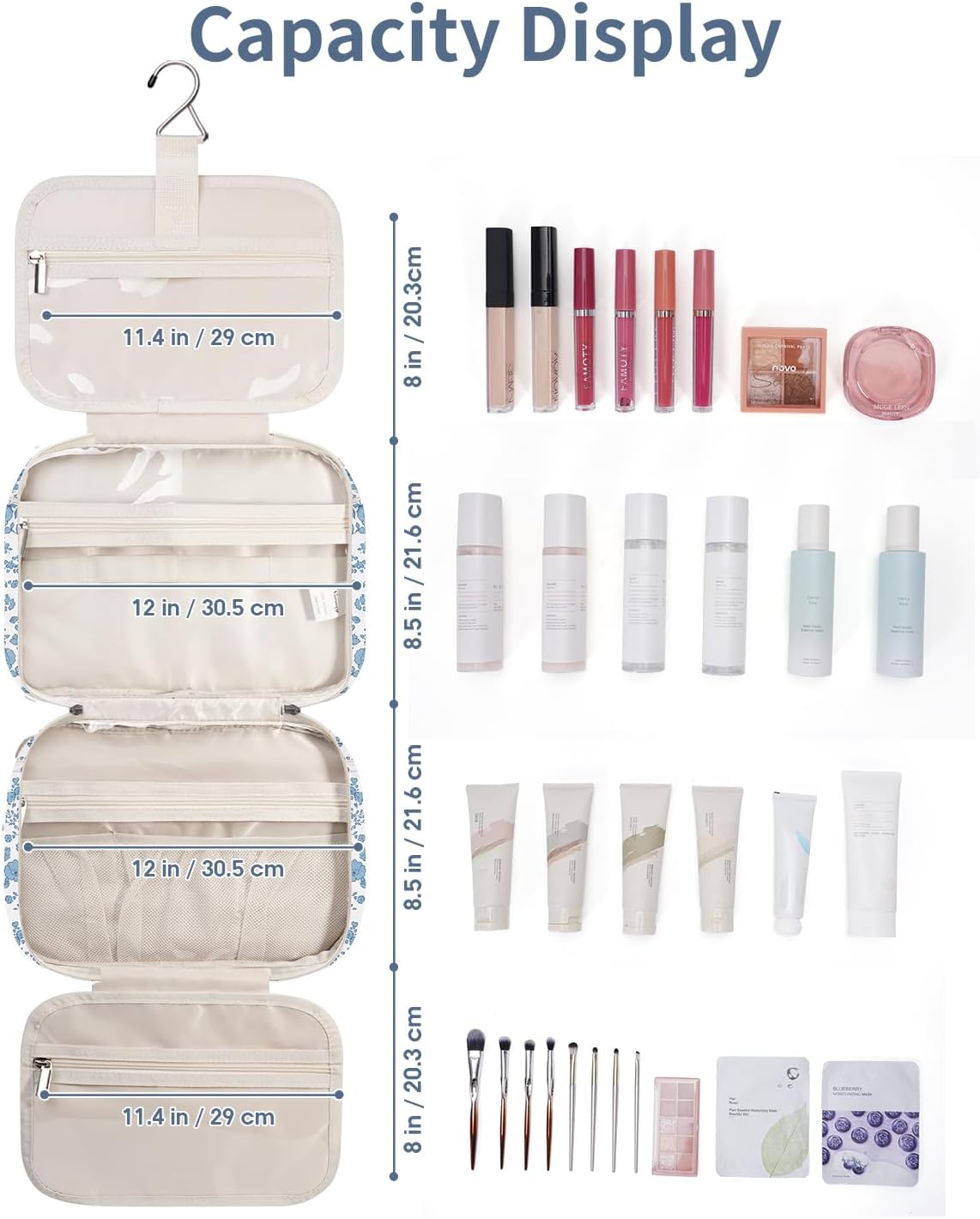 Narwey Travel Toiletry Bag for Women Large Hanging Makeup Bag Organizer Toiletries Bag for Full Size Essentials Accessories Cosmetics (Little Blue Flower (Large))