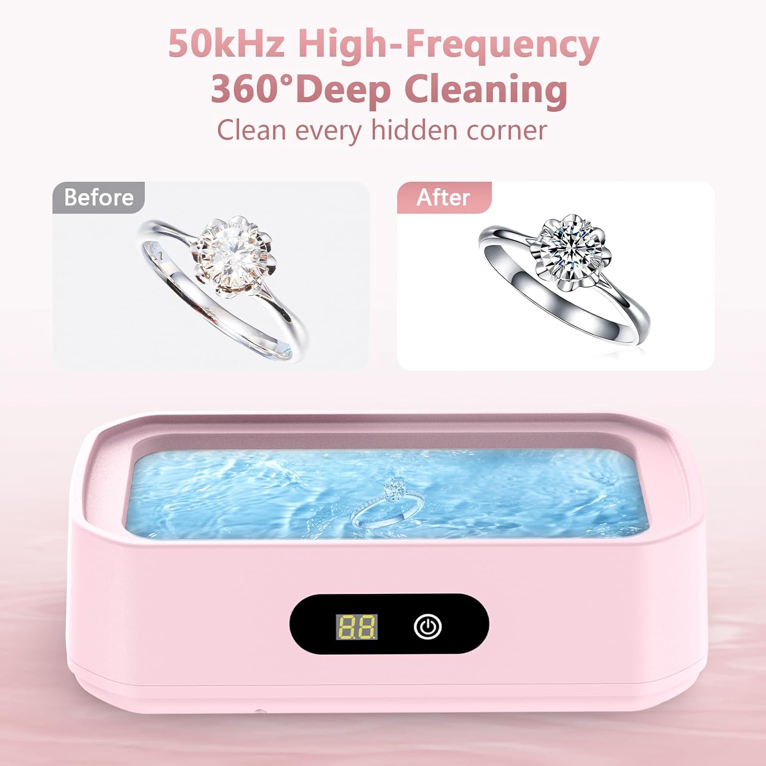 2025 Upgrade Large Capacity Ultrasonic Cleaner, 50Khz Ultrasonic Cleaner Machine with 5 Modes Timer for Glasses Dentures-304 Stainless Steel Tank, Pink