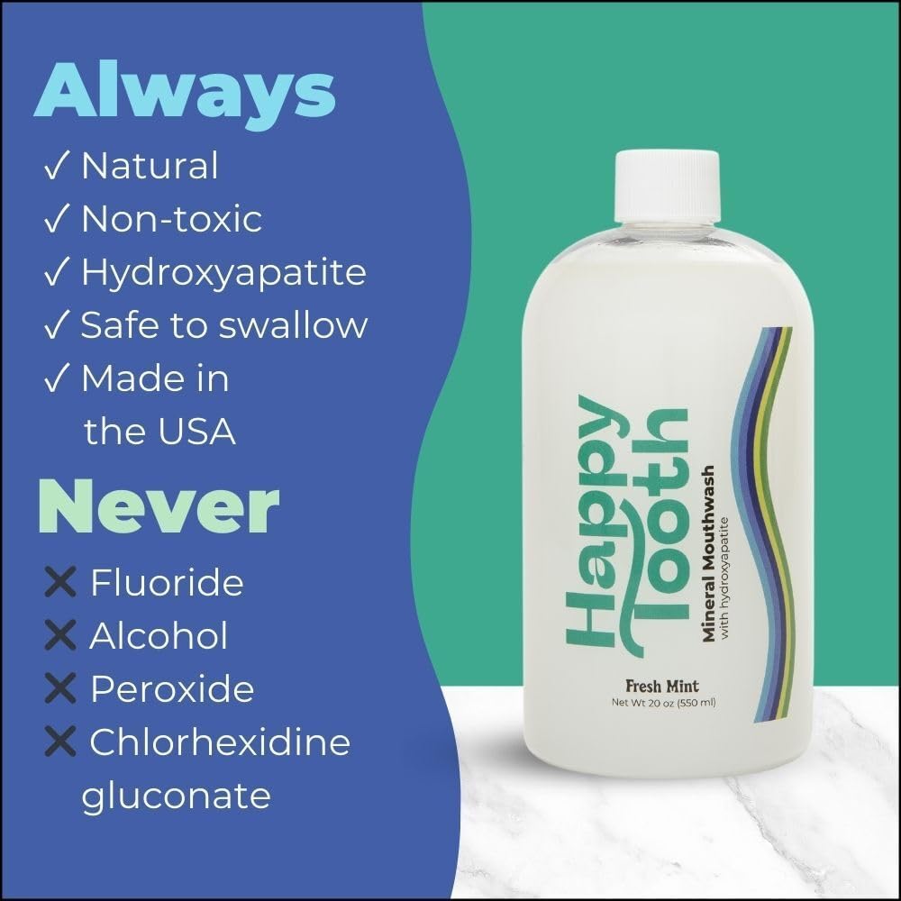 Happy Tooth Hydroxyapatite Mouthwash, Fluoride Free, Teeth Whitening, Remineralizing for Enamel Strength, Fresh Breath, Oral Microbiome Support, Dentist Formulated, Gentle Care, Fresh Mint, 20 Fl Oz