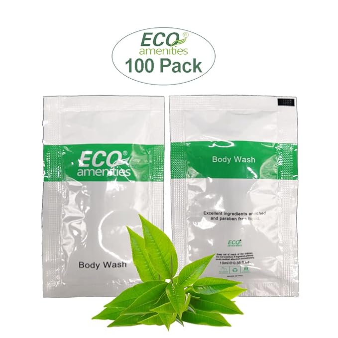 ECO amenities Body Wash Sachets - Leak-Proof TSA Approved Travel Toiletries - Green Tea Scented Liquid Soap Packets - Cruelty-Free Individual Body Wash Packets - 0.35 Fl Oz, Pack of 100
