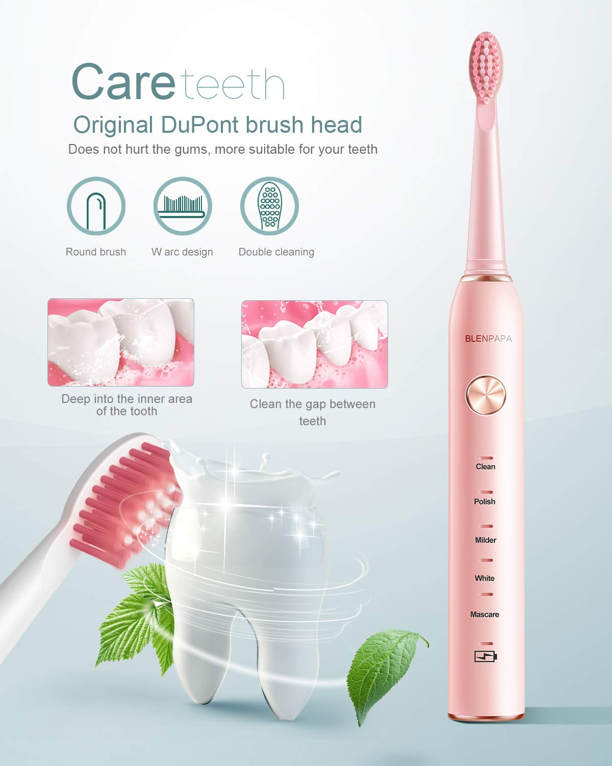 Electric Toothbrush for Adults, 5 Modes, 38,000 VPM Rechargeable, Dupont Brush Heads, Travel-Friendly, 1 Handle, Pink