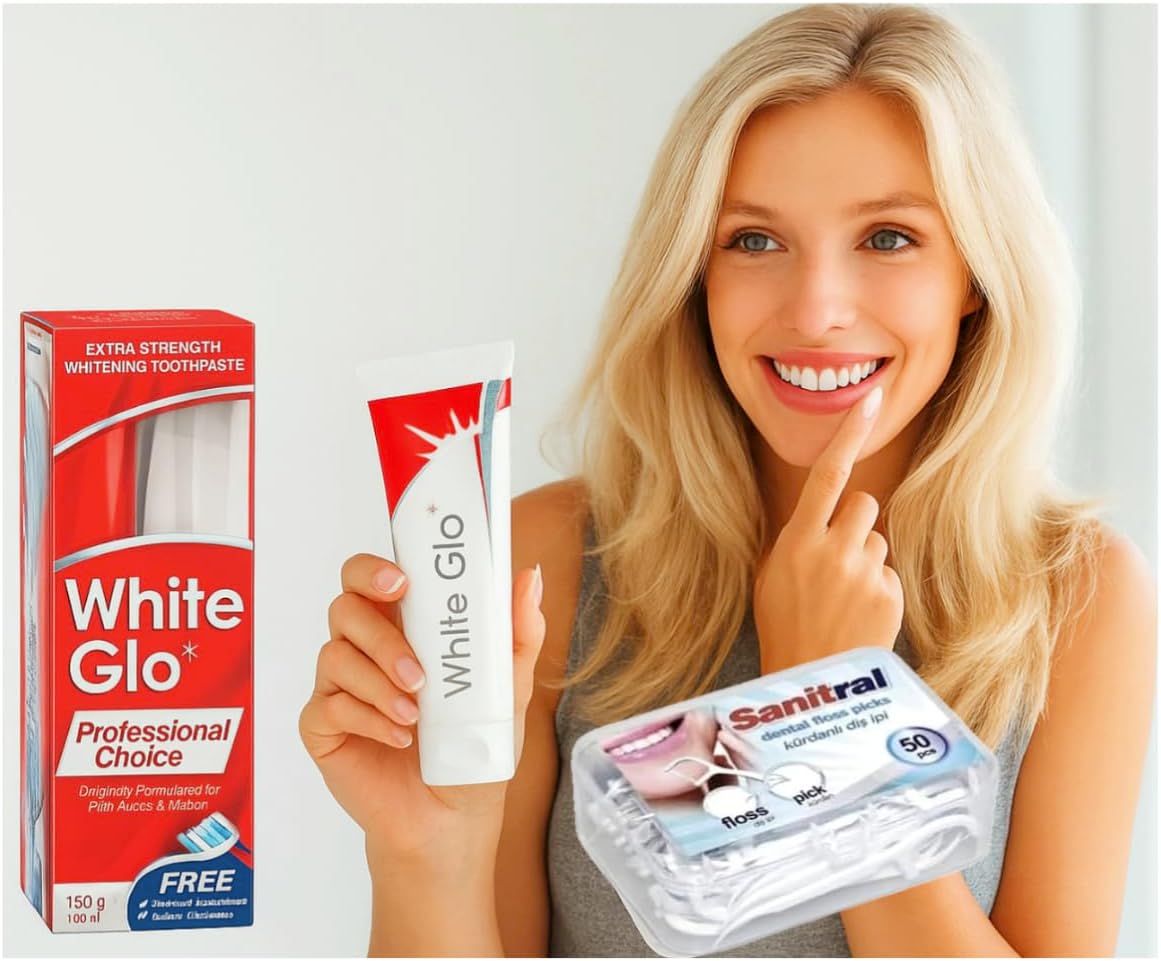 White Glo Professional Choice Extra Strength Whitening Toothpaste 100 ml & Toothbrush (with Sanitral 50 Pcs Dental Floss Stick Included as a Gift)