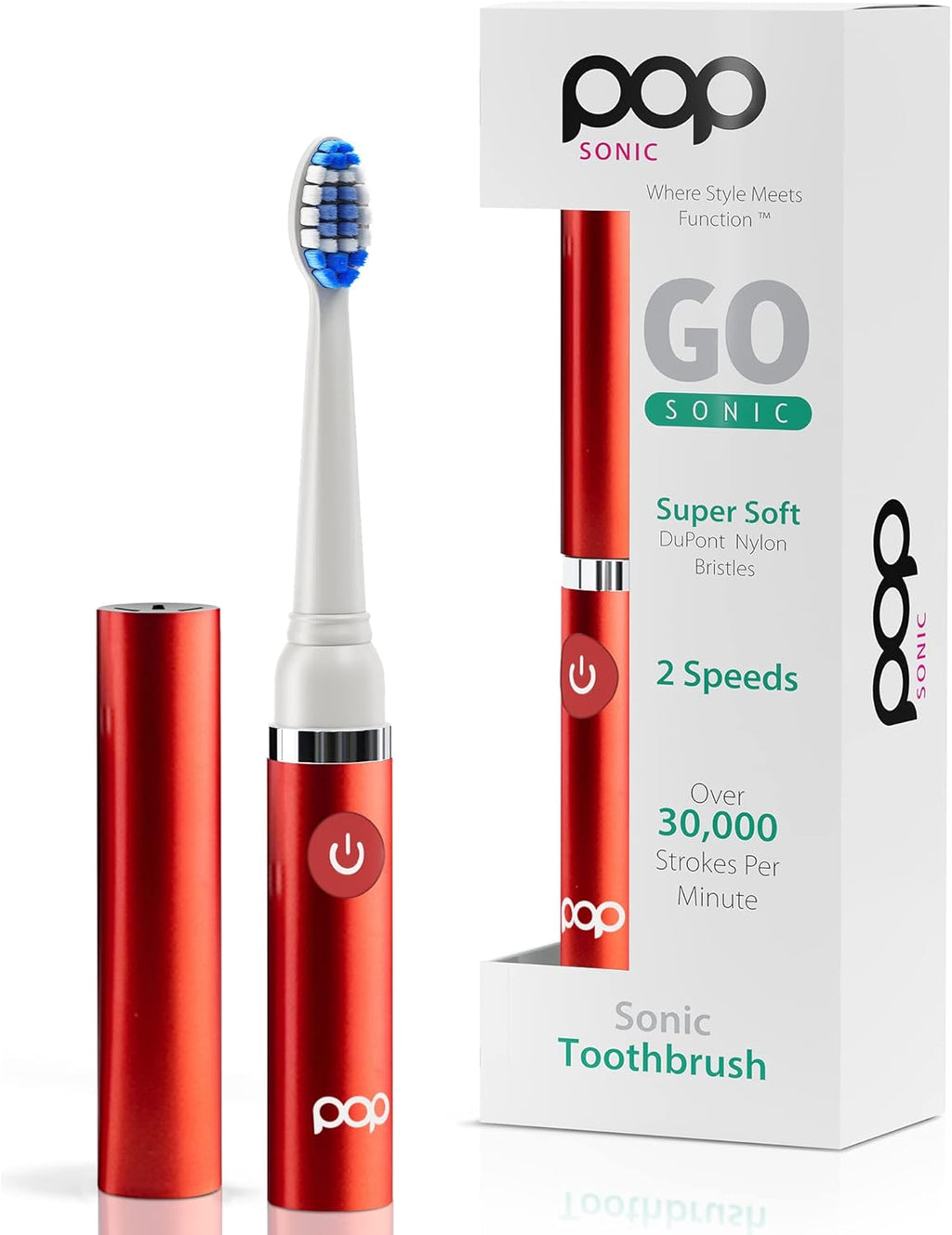 Pop Sonic Electric Toothbrush (Metallic Red) - Travel Toothbrushes w/AAA Battery | Kids Electric Toothbrushes with 2 Speed & 15,000-30,000 Strokes/Minute, Dupont Nylon Bristles