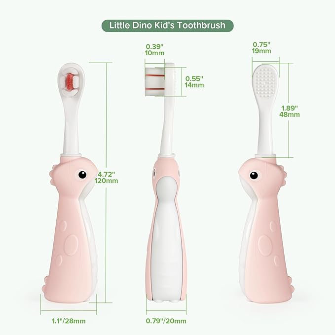 haakaa Dinosaur Toothbrush for Kids 2-4 – Soft Bristles Baby Toothbrush with Silicone Handle, Non-Slip Grip & Tongue Cleaner | BPA-Free, Fun Training for Toddlers - Pink, 2 Counts