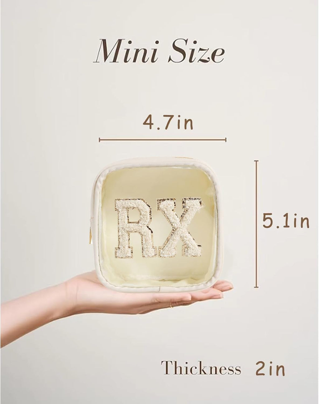 Small Chenille Letter Clear Medicine Makeup Bags,Nylon PVC Waterproof Rx Pouch with Metal Zipper, Cute Drug First Aid Travel Organizer for Women Girls(06Beige)